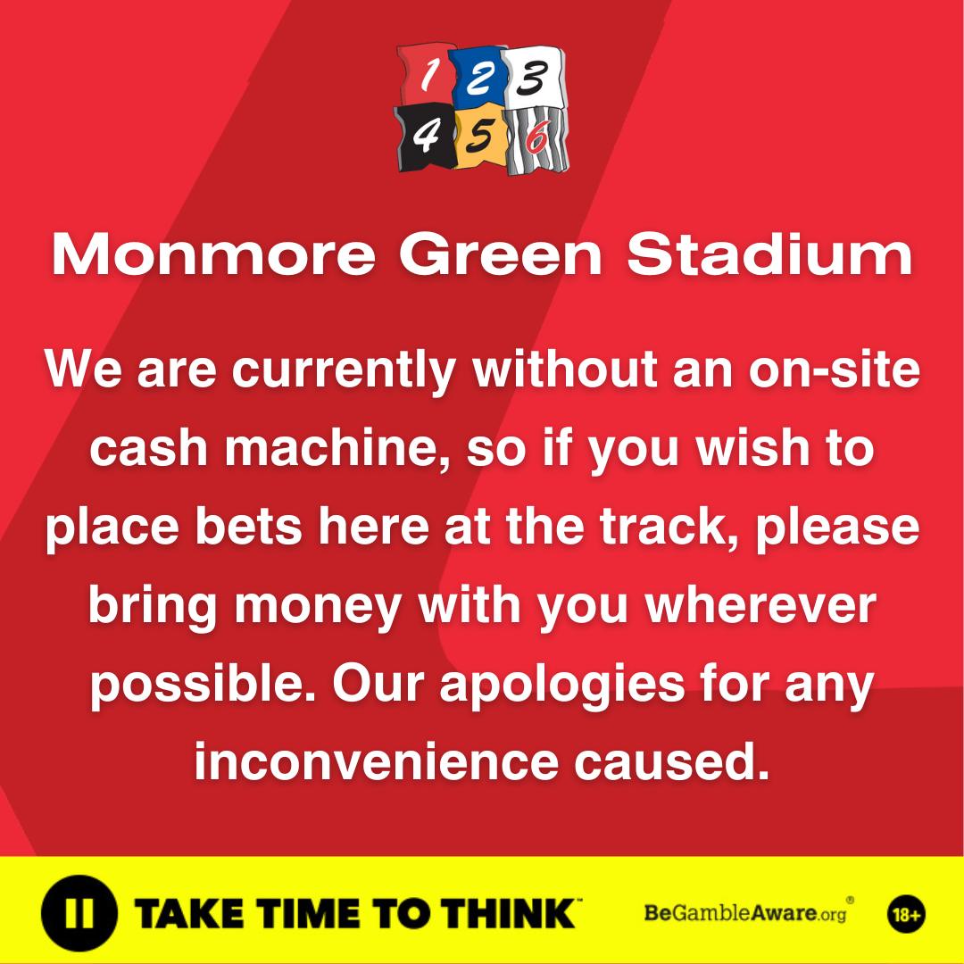 Monmoredogs's tweet photo. For anyone visiting us tomorrow for our Easter Monday meeting, please be advised we're still without a cash machine at the stadium before having a new one installed next week!

If you wish to place any bets, please bring cash where possible and apologies for the inconvenience. https://t.co/zBisfOaILt