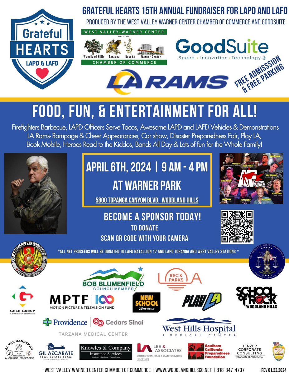 Community Event!!! Grateful Hearts is an annual fundraiser, put on by the West Valley/Warner Center Chamber of Commerce and is dedicated to the local first responders; LAPD & LAFD. All are invited so SAVE THE DATE!!!! April 6, 2024 9am-4pm @LAPDHQ @LAPDOVB