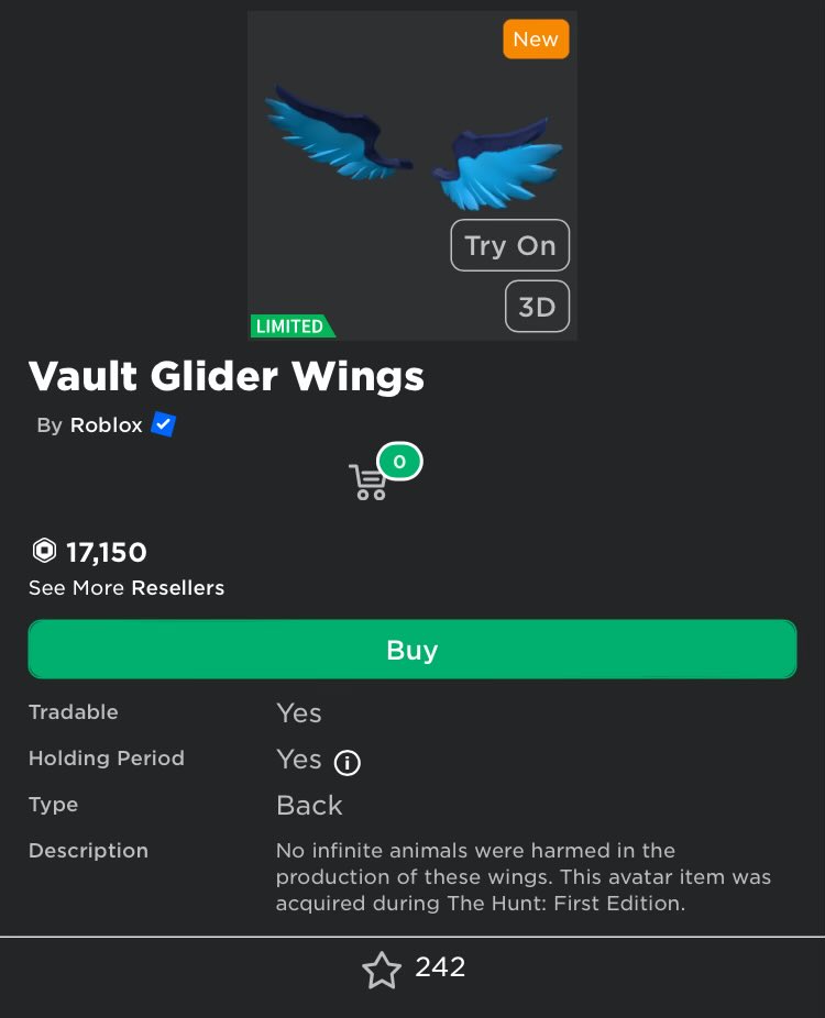 The “Vault Glider Wings” have officially gone Limited!

There is only 949 copies and it’s currently selling for only 150 robux above the original sale price! 🥰

W investment?
#TheHunt