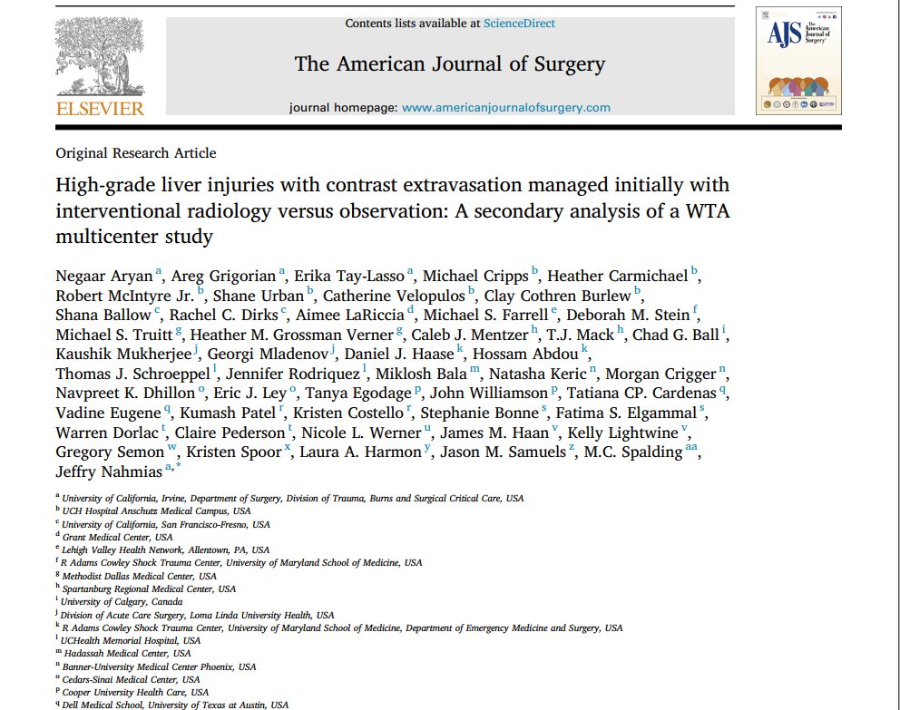 Thrilled to share our study on high-grade liver injuries. Interventional radiology vs. observation—what's more effective? Find out in our paper, now in The American Journal of Surgery!
#trauma #surgery
<a href="/jnahmias1/">Jeff Nahmias MD MHPE FACS FCCM</a> <a href="/UCI_Trauma/">UCI TRAUMA</a> <a href="/UCIrvineSurgery/">UC Irvine Surgery</a> <a href="/AmJSurgery/">AmJSurgery</a> 
sciencedirect.com/science/articl…