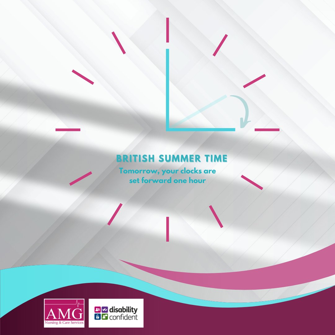 🕒 Tomorrow, we spring forward for British Summer Time. 
That means we'll be setting our clocks an hour ahead. While we lose a little sleep, we gain longer evenings and extra sunshine ☀️ – a reminder of the bright days ahead!

#TimeChange #SpringForward #AMGcare #JoinAMG