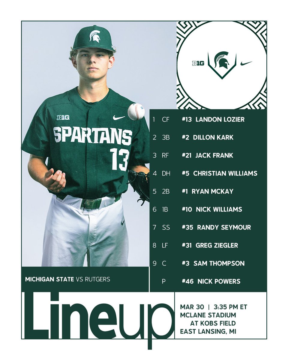 MSUBaseball's tweet photo. Here's the Spartan line-up for game 2 of the 3-game @B1Gbaseball home-opening series vs Rutgers...

First pitch coming up at 3:35 pm!!

🎟️: https://t.co/xvi0feXFf9
🔢: https://t.co/nO8ver48kI
💻: https://t.co/GQW6qNwsdu
📻: https://t.co/qZyWo8XRaz

#GoGreen | @LozierLanden https://t.co/Bt20uiTekv