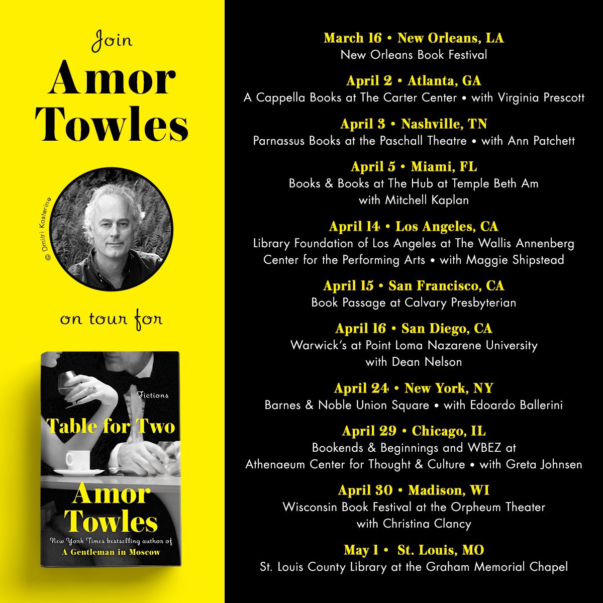 Hey, Atlanta, Nashville, Miami! My TABLE FOR TWO tour launches this week in your towns. Details at amortowles.com/events