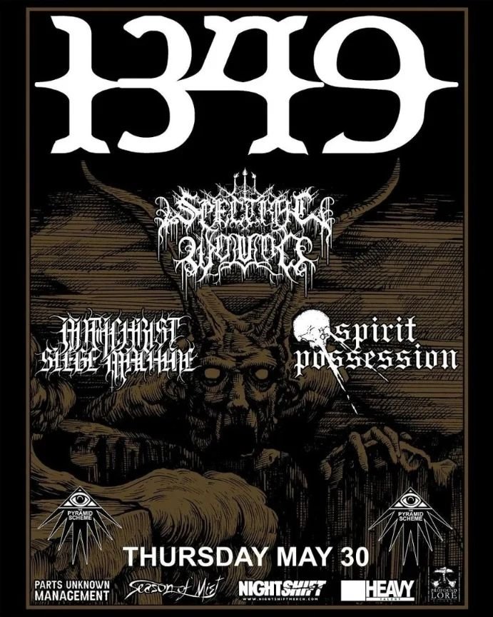 REMINDER from @pyramidschemegr : '1349 + Spectral Wound + Antichrist Siege Machine + Spirit Possession | Pyramid Scheme 5/30 Tickets on sale now! @1349official @spectral.wound @asm_eternal @spirit.possession' TICKETS: ticketweb.com/event/1349-spe… Artwork by @jordanbarlowart.