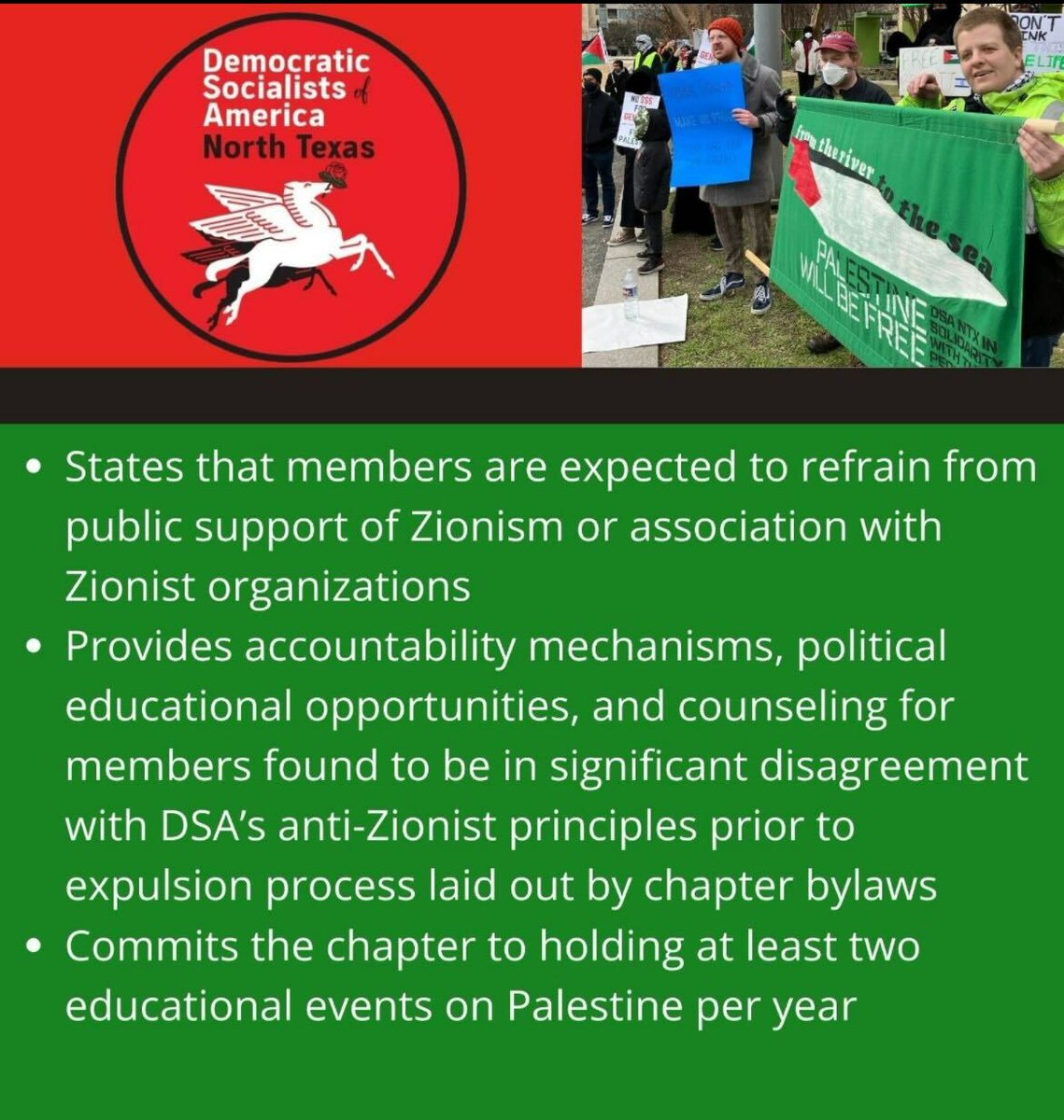 DSA North Texas passed our strongest commitment to anti-Zionist principles yet at our March general meeting. See the graphic for details.