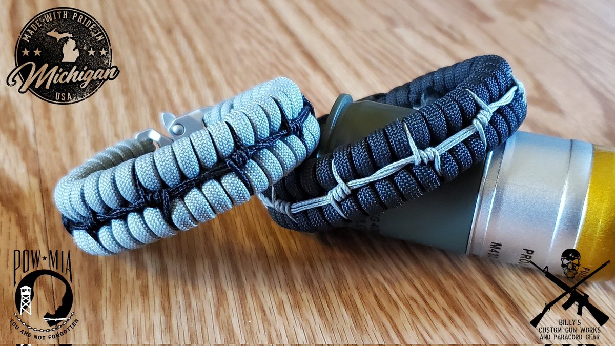 PewAndParacord's tweet photo. Two POW-MIA bracelets, one in black with gray "wire", the other in gray with black "wire" are heading out Monday. 

DM to order, please. Thanks! 🤠 https://t.co/Mfrxo57CXP