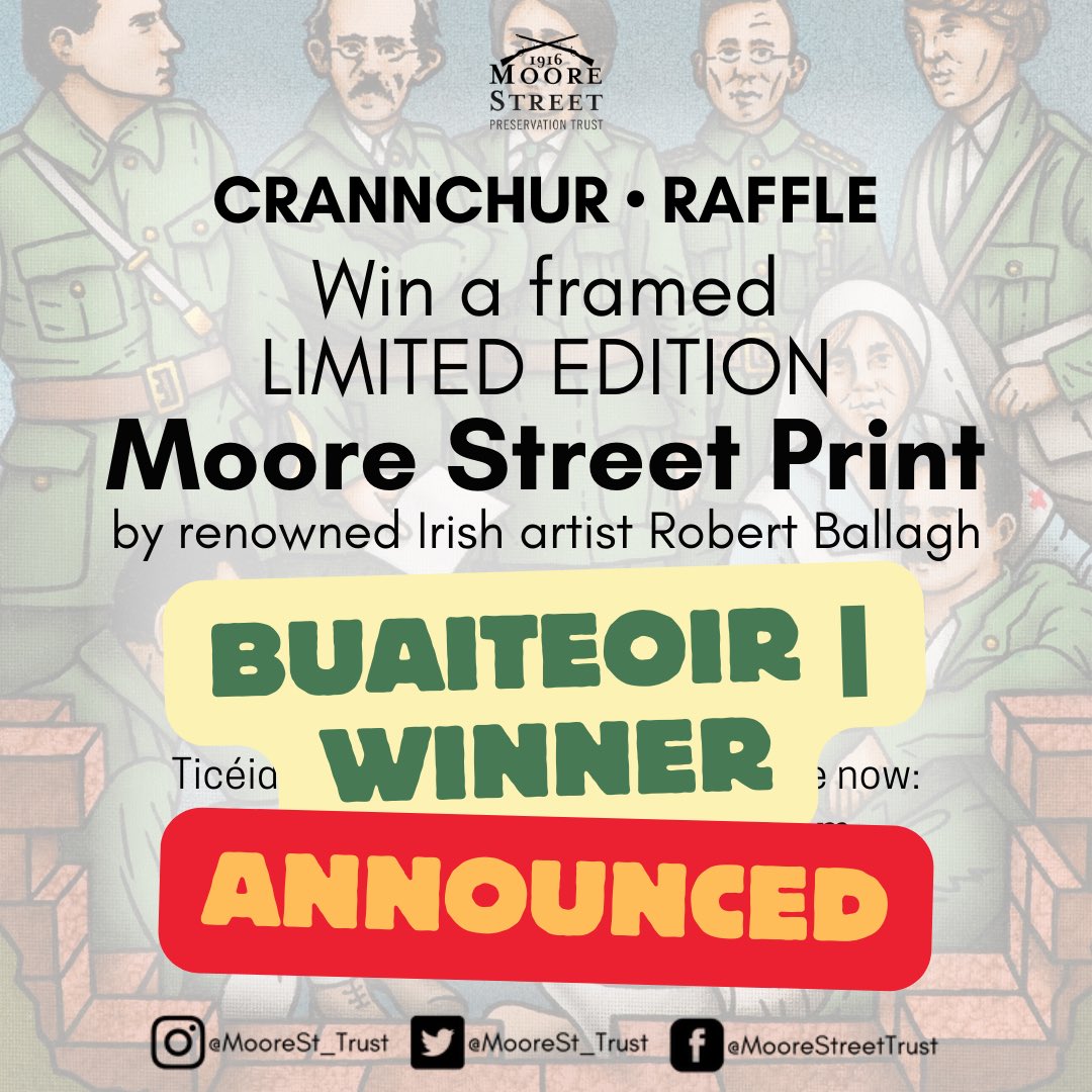 🏆Comhghairdeas! Congratulations to Sean from Wicklow who has won our Easter Raffle& a limited edition Moore Street print by renowned Irish artist, Robert Ballagh🙌🏼 Go raibh maith agaibh to everyone who supported the raffle & the campaign to stop the demolition of Moore Street!