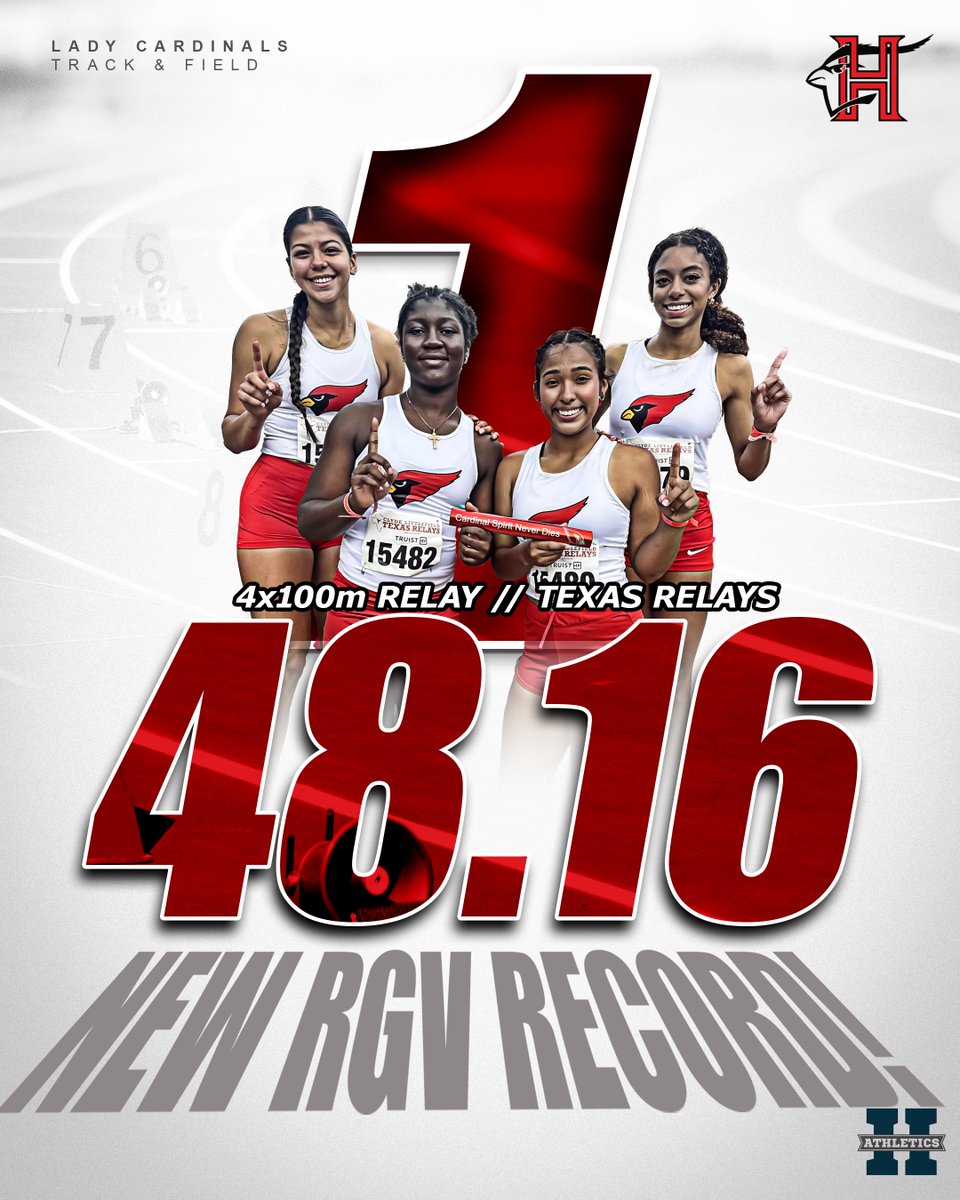 The Lady Cardinals do it again! Big shout-out to Harlingen High School student-athletes Sarah Sanusi, Alana Rouquette, Amanda Mares and Faith Franklin for setting a new RGV &amp; HCISD record in the 4x100m Relay with 48.16! Great job ladies!