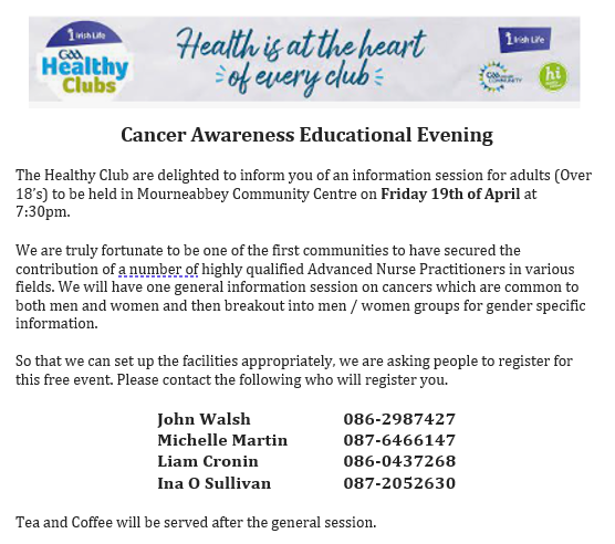 Clyda-MLFC Healthy Clubs (@clydamlfchc) on Twitter photo See details of upcoming Cancer Awareness Educational evening. Spread the word! <a href="/clydaroversgaa/">Clyda Rovers GAA</a> <a href="/ClydaOgGAA/">Clyda Rovers Óg GAA</a> <a href="/MourneabbeyLFC/">Mourneabbey LFC</a> <a href="/mourneabbeycomm/">Mourneabbey Community Council</a> See details of upcoming Cancer Awareness Educational evening. Spread the word! <a href="/clydaroversgaa/">Clyda Rovers GAA</a> <a href="/ClydaOgGAA/">Clyda Rovers Óg GAA</a> <a href="/MourneabbeyLFC/">Mourneabbey LFC</a> <a href="/mourneabbeycomm/">Mourneabbey Community Council</a>