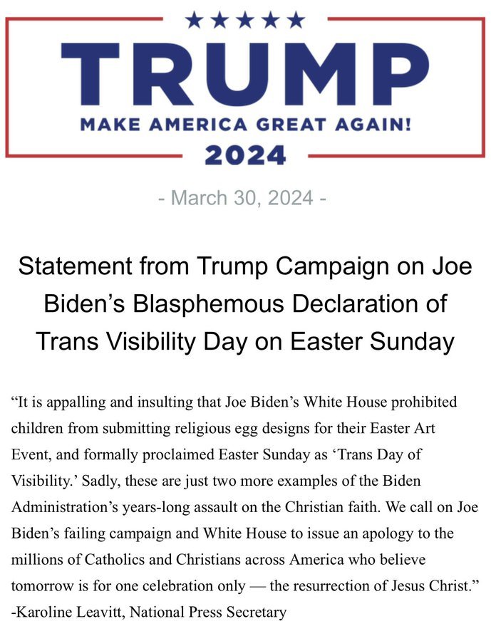 🇺🇲 | LO ÚLTIMO: Trump pide a Biden y a la Casa Blanca que se disculpen con los católicos y cristianos de todo Estados Unidos, después de declarar el 'Dia de la Visibilidad Trans' el Domingo de Pascua.