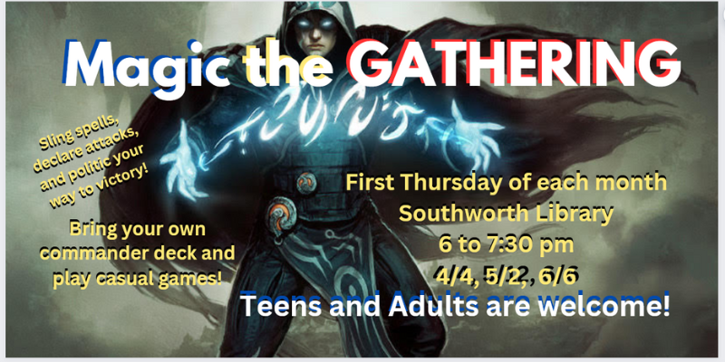 dartlibraries's tweet image. The first Thursday of every month come play Magic the Gathering at Southworth Library at 6pm.