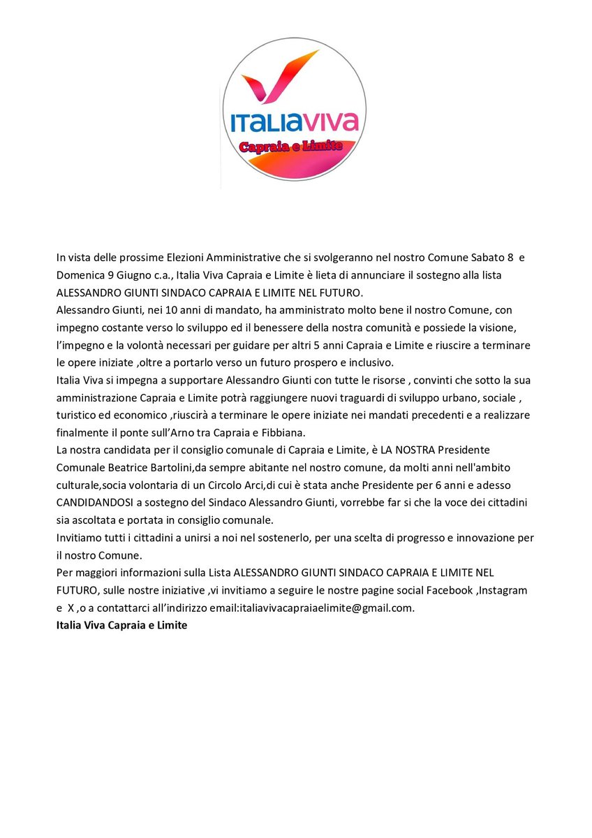 CapraiaLimite's tweet photo. 𝗜𝗧𝗔𝗟𝗜𝗔 𝗩𝗜𝗩𝗔 𝗖𝗔𝗣𝗥𝗔𝗜𝗔 𝗘 𝗟𝗜𝗠𝗜𝗧𝗘 è lieta di annunciare il sostegno alla lista 𝗔𝗟𝗘𝗦𝗦𝗔𝗡𝗗𝗥𝗢 𝗚𝗜𝗨𝗡𝗧𝗜 𝗦𝗜𝗡𝗗𝗔𝗖𝗢 𝗖𝗔𝗣𝗥𝗔𝗜𝗔 𝗘 𝗟𝗜𝗠𝗜𝗧𝗘 𝗡𝗘𝗟 𝗙𝗨𝗧𝗨𝗥𝗢. https://t.co/av5hQq7qQc