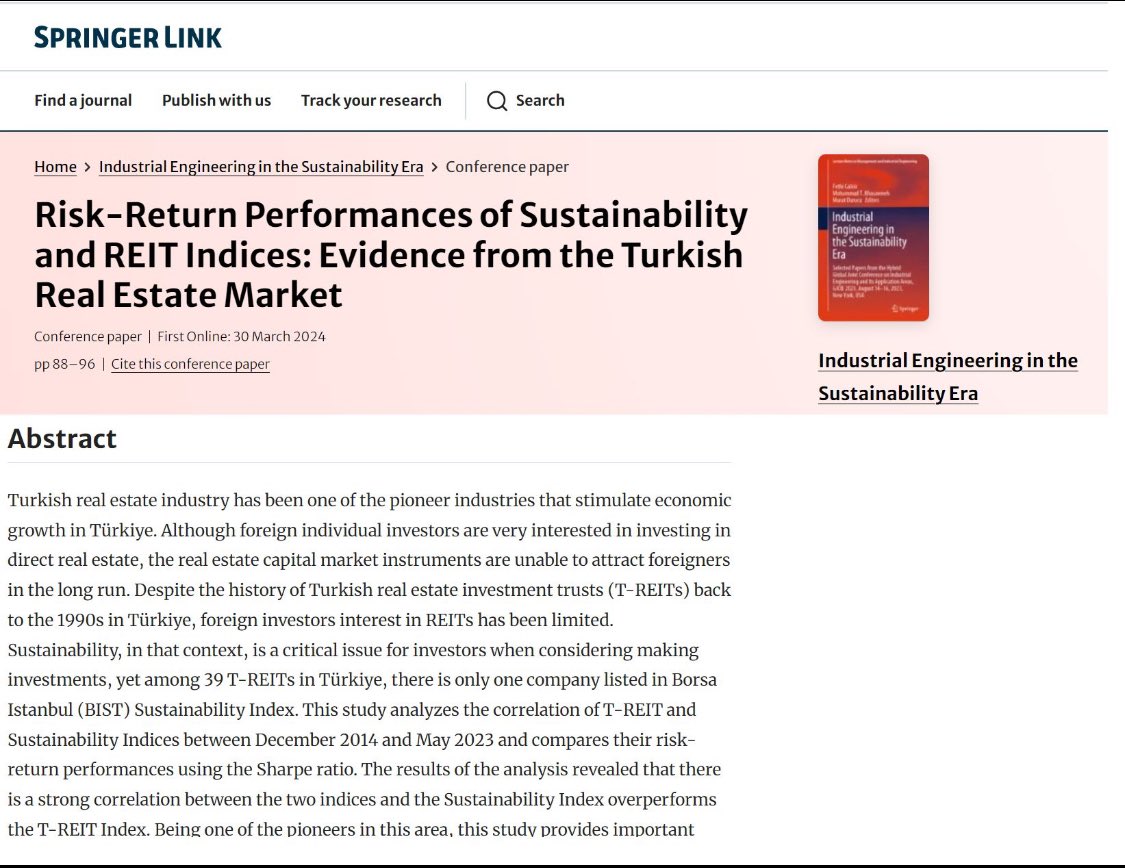 Dr. Levent Sümer (@lsumer) on Twitter photo New research released!
My book chapter investigating the correlation and the risk-return performances of T-REITs and Sustainability indices in Türkiye has just been published by <a href="/SpringerNature/">Springer Nature</a>
link.springer.com/chapter/10.100…
<a href="/UniBogazici/">Boğaziçi Üni.</a>
<a href="/SmrStrategy/">SMR Strategy</a>
<a href="/itu1773/">İTÜ - İstanbul Teknik Üniversitesi</a> <a href="/gyoderonline/">GYODER | Gayrimenkul Yatırımcıları Derneği</a> New research released!
My book chapter investigating the correlation and the risk-return performances of T-REITs and Sustainability indices in Türkiye has just been published by <a href="/SpringerNature/">Springer Nature</a>
link.springer.com/chapter/10.100…
<a href="/UniBogazici/">Boğaziçi Üni.</a>
<a href="/SmrStrategy/">SMR Strategy</a>
<a href="/itu1773/">İTÜ - İstanbul Teknik Üniversitesi</a> <a href="/gyoderonline/">GYODER | Gayrimenkul Yatırımcıları Derneği</a>