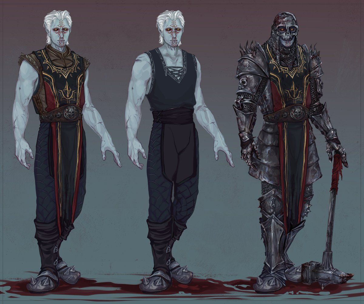 Man in a constant state or bewilderment Started a ref sheet for A'mos a while ago to figure out his outfits. His casual\rest\chosen of Bhaal lineup. Wish there were more war hammers in the game, I had to stick to a weaker one bc he just doesn't look right without it😔 #bg3 #durge