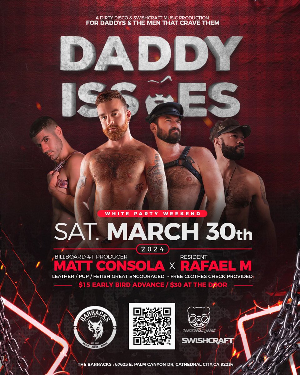 TONIGHT! DADDY ISSUES Saturday, March 30th 9PM-2AM DJ Matt Consola DJ Rafael M Sexy, Dirty, Hot Go Go Daddies feat. Butch Spencer, Jarrod James, Bruno, and JayCubPS. A few tickets remaining. Link TONIGHT! DADDY ISSUES Saturday, March 30th 9PM-2AM DJ Matt Consola DJ Rafael M Sexy, Dirty, Hot Go Go Daddies feat. Butch Spencer, Jarrod James, Bruno, and JayCubPS. A few tickets remaining. Link