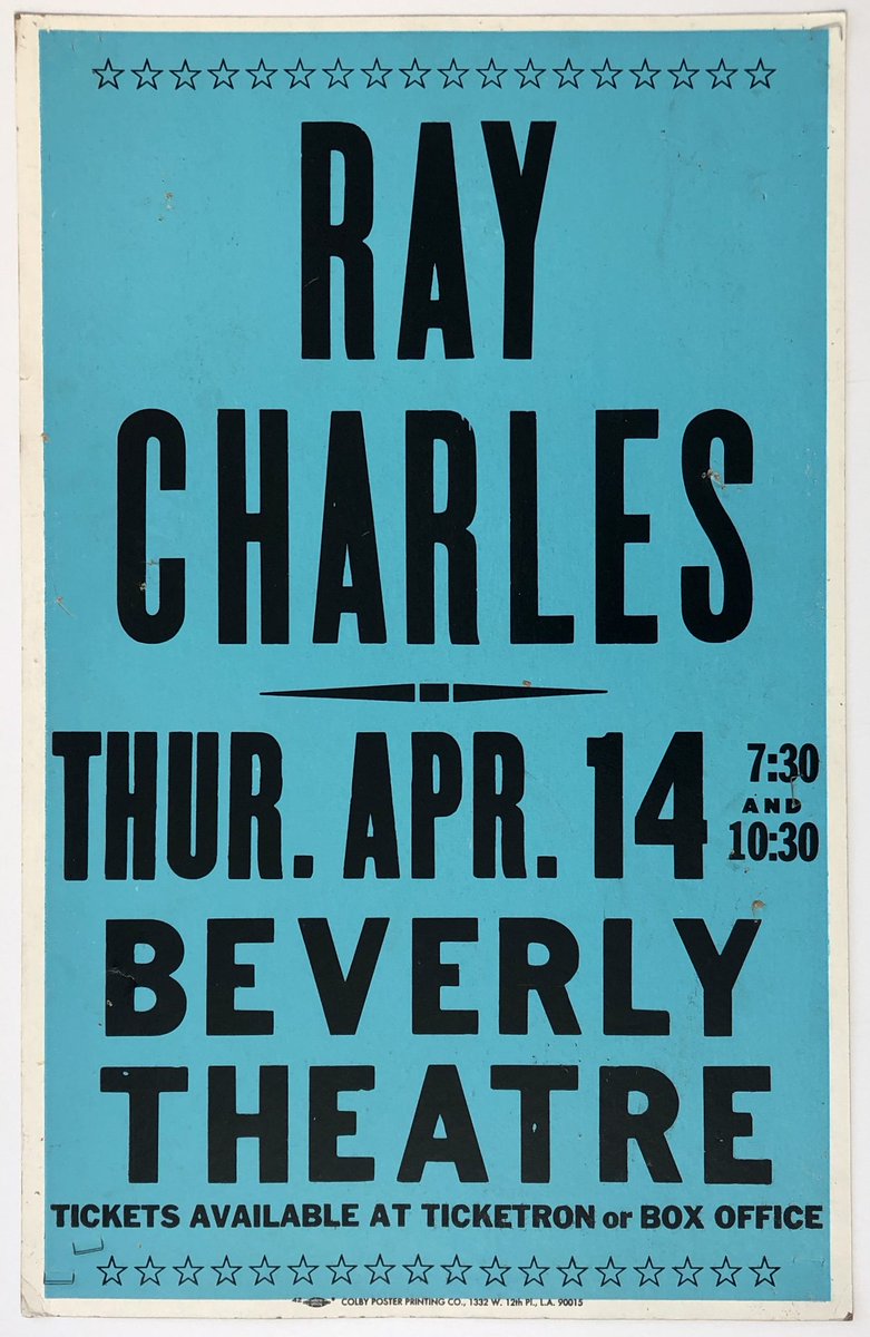 recordmecca's tweet photo. RAY CHARLES POSTER A cardboard boxing-style concert poster advertising two April, 1983 concerts by the great Ray Charles at LA's Beverly Theatre #recordmecca #raycharles #soul #rock #rockposter #poster #concertposter #promoposter #musiccollectibles
https://t.co/K1WMA8IWVB https://t.co/aobcUkdeH7