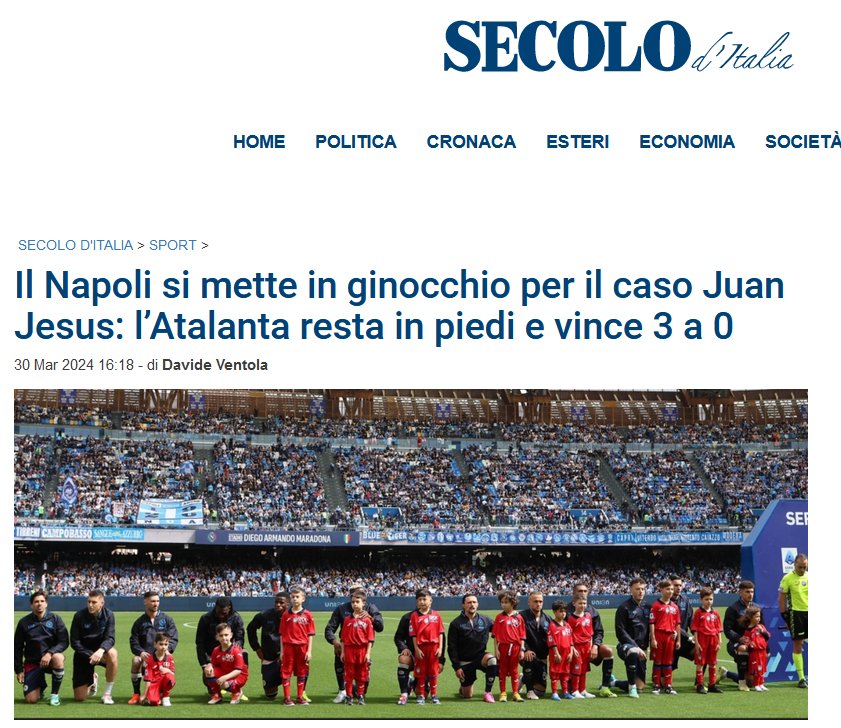 È bene che sia chiaro: chi ironizza sul Napoli che s'inginocchia e perde 3-0, la pensa come i neofascisti.
#NapoliAtalanta