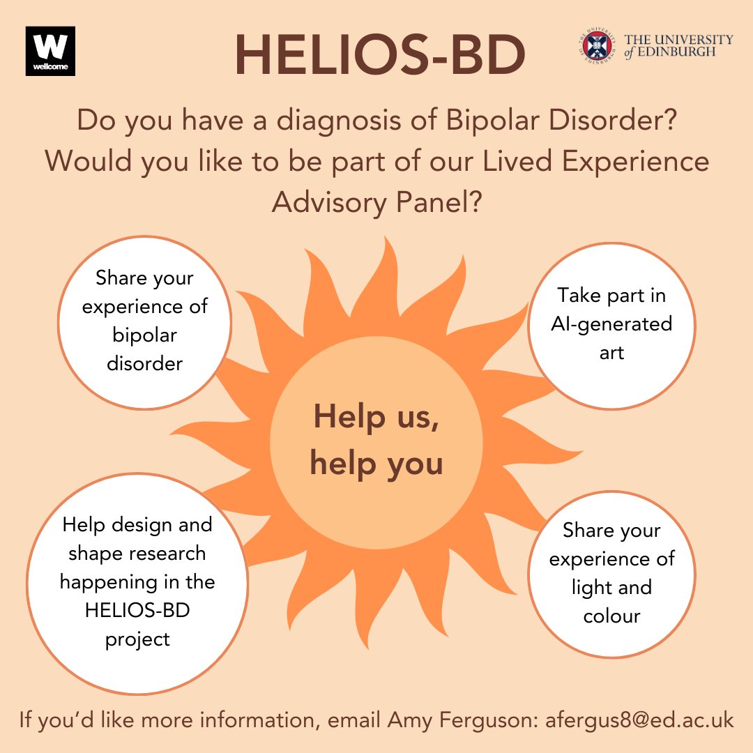 If you have a diagnosis of Bipolar Disorder, you could be part of the HELIOS-BD Lived Experience Advisory Panel. You can shape the research happening and take part in an exciting AI-generated art project #WorldBipolarDay #LivedExperience #researchcoproduction