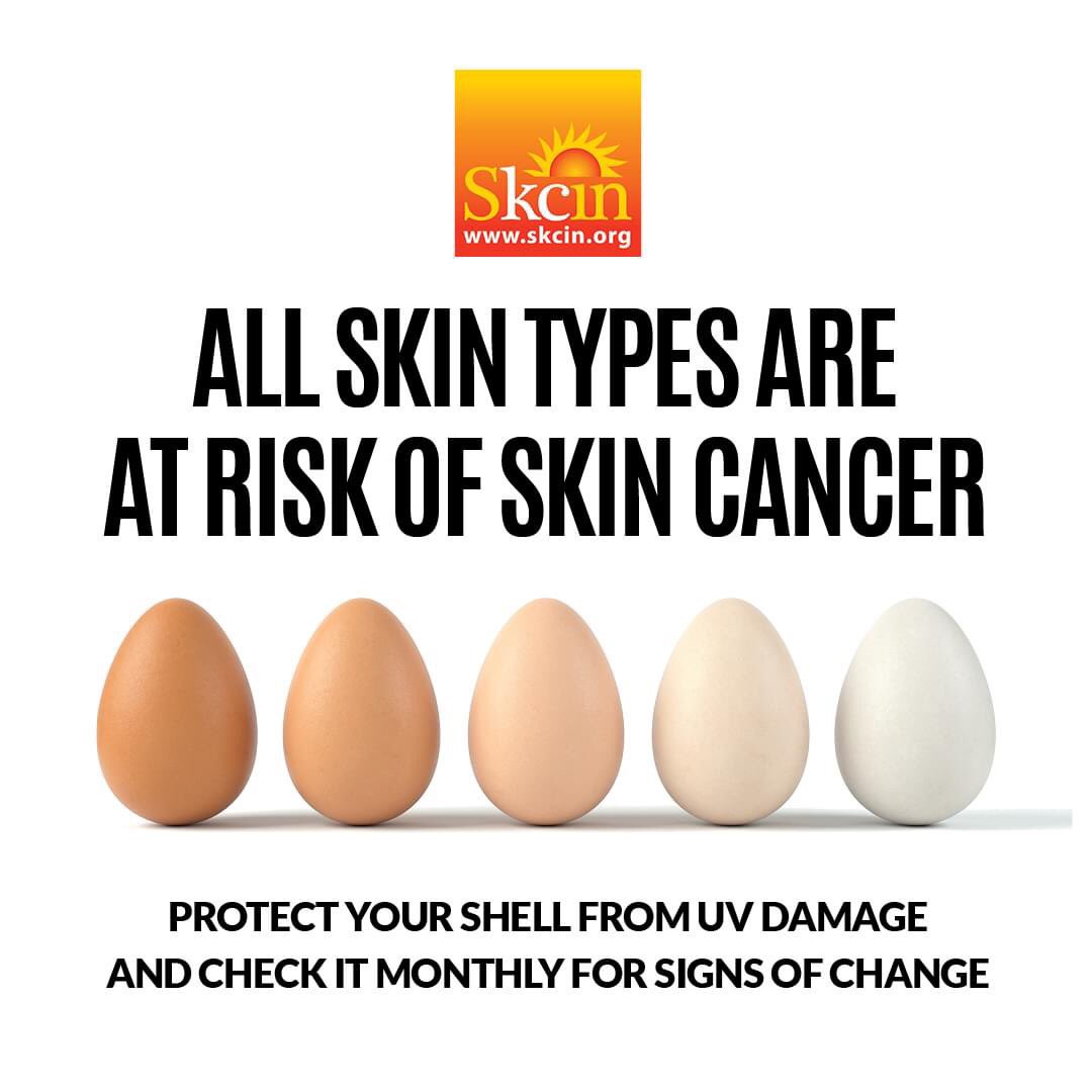 No matter what our skin type - we are all at risk of developing skin cancer! Individuals of all skin colours and shades should protect their skin from UV damage perform thorough full body skin examinations once a month & seek medical advice with anything NEW, UNUSUAL, OR CHANGING