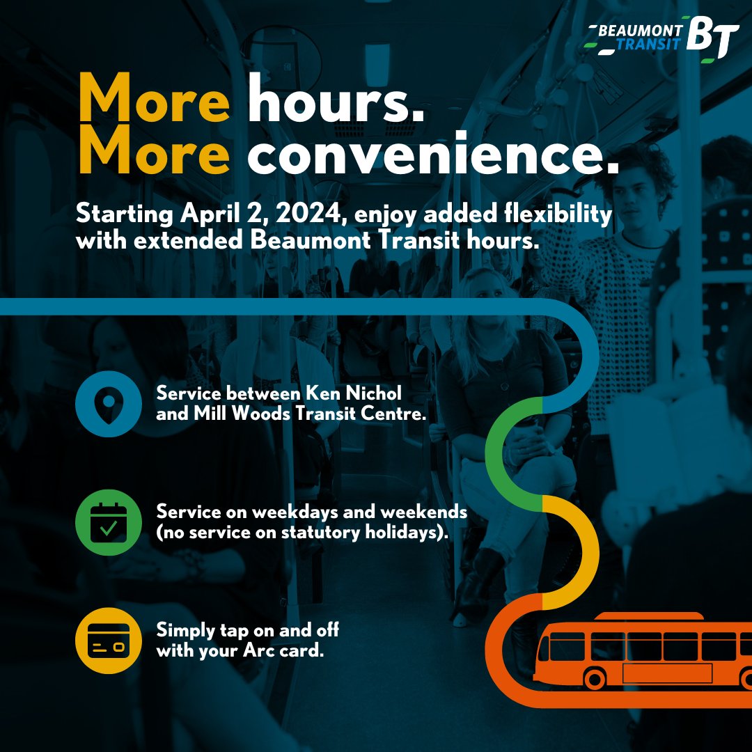 Extended Beaumont Transit hours are en route, arriving April 2!

📅 Mon-Fri services with trips departing Beaumont between 6 AM and 7 PM
🚍 Weekend service with trips departing Beaumont between 9 AM and 4 PM
🔗 Visit beaumont.ab.ca/transit for more info.

#YEGTransit #BeaumontAB