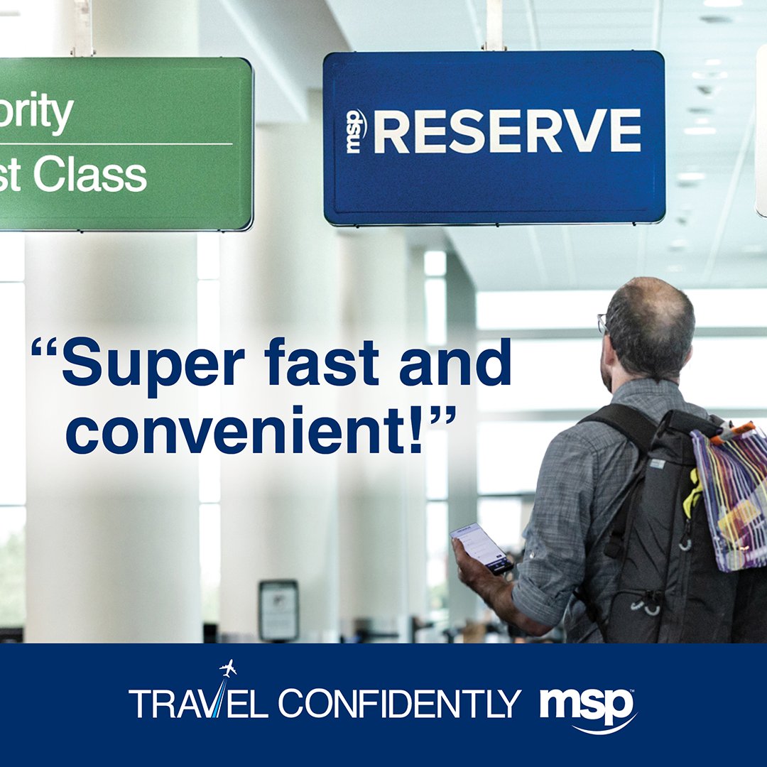 Heading through MSP Airport? Reserve your free spot in the TSA security line ahead of time with MSP RESERVE. Book your screening appointment online, then show up at your selected time. Book here: ow.ly/CKNQ50Q5HEl
