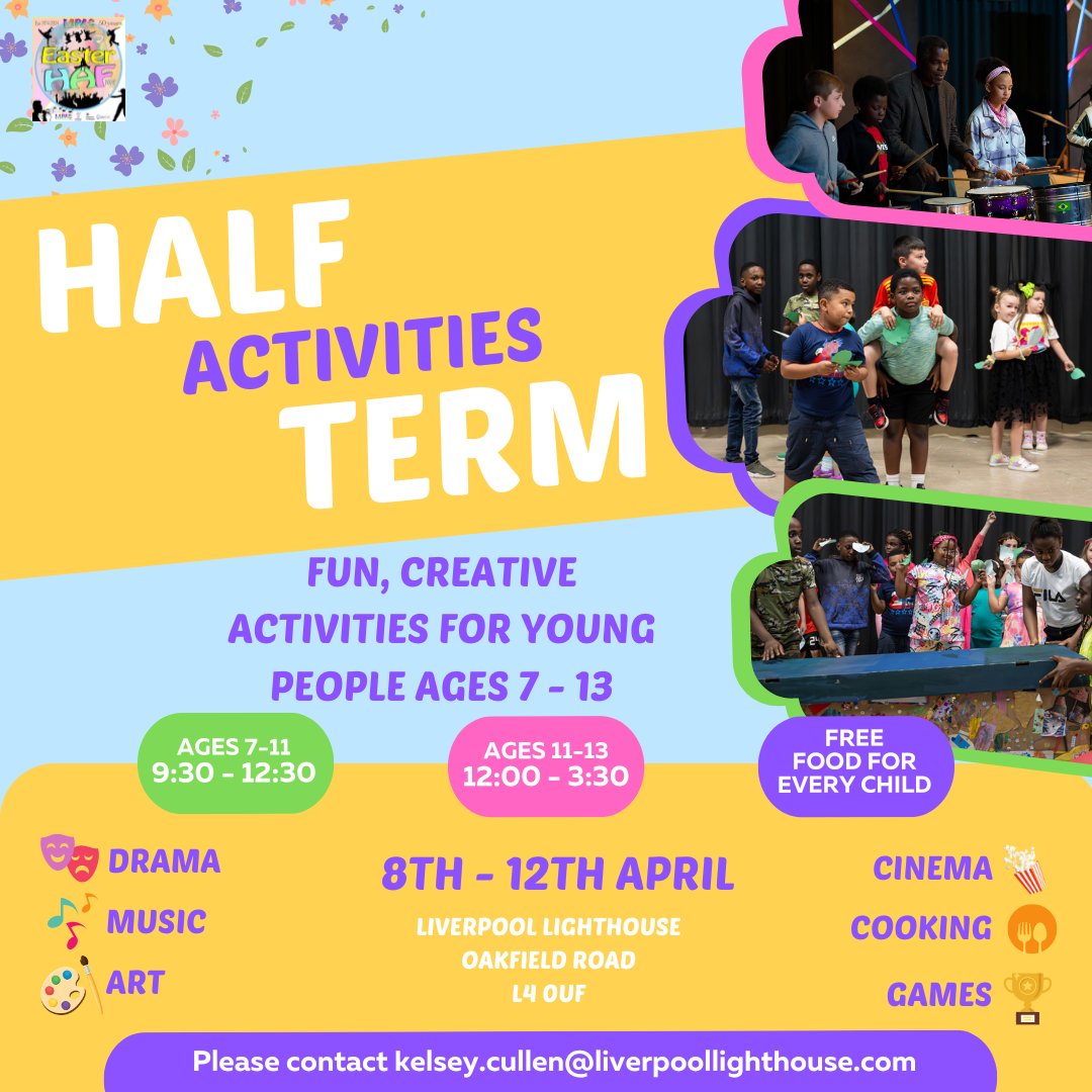 📣REMINDER📣 🐣Easter Half Term Activities for 7 - 13 years old. 8th - 12th April Times: Ages 7 - 11 start at 9:30am - 12:20pm Ages 11 - 13 start at 12pm - 3:30pm Still in time to register email us at kelsey.cullen@liverpoollighthouse.com #KidsCooking #YouthDrama #MusicForKids