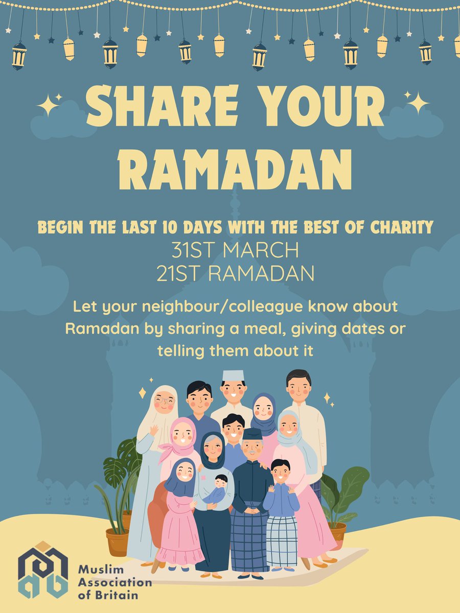 MSH_Bham's tweet photo. ✨🌙Share your Ramadan🌙✨
As we celebrate the blessed month of Ramadan and especially the last ten days, why don’t you share this goodness with others? 

On Sunday 31st March, share a meal or gift with a neighbour or colleague and introduce them to the beauty of this month. https://t.co/SfOsMR5yBy
