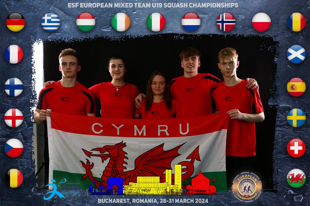 Team Wales 🏴󠁧󠁢󠁷󠁬󠁳󠁿 Ioan, Archie, Erin, Ellie & Izzy European under 19’s team event. Playing tomorrow for 5/6th place at 12 noon. Outstanding performances from the team. Best of luck Team Wales @GtSquash @sqwales @stringdoctor79 @walesgbuk @beynon_cobb @ArchieTurnbull8 @karensharpe87