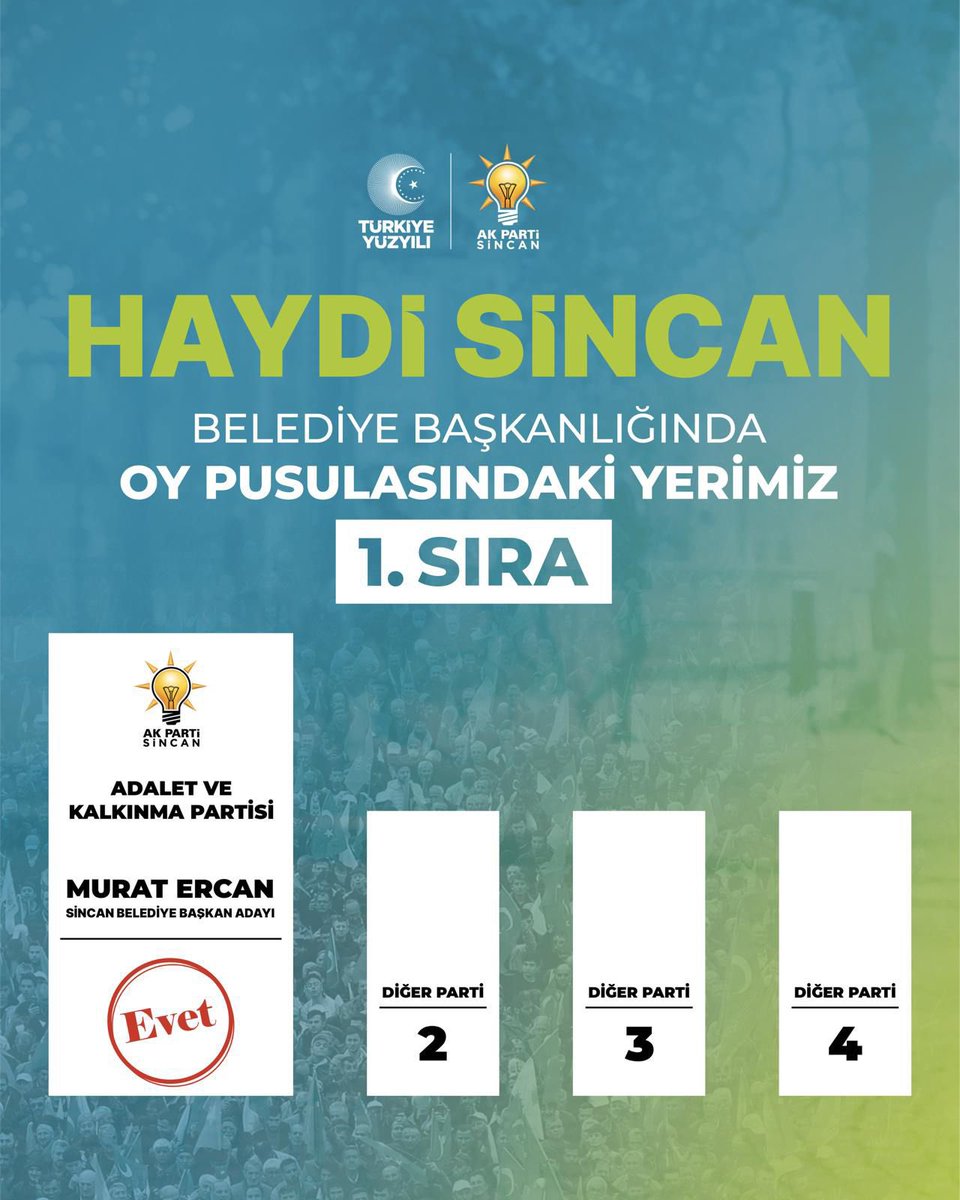 Hemşehrilerimize ufak bir hatırlatma: 

Oy pusulasındaki yerimiz 1. sıra

#BaşkentHızlanıyor
#DoğrusuSincanda