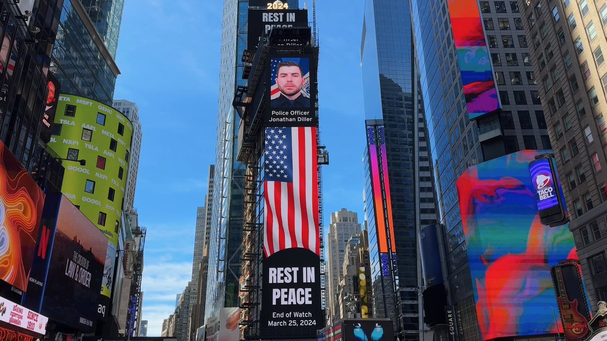 As we gathered on Long Island, honoring the life & service of Officer Jonathan Diller, One Times Square, New Tradition, & the Times Square Alliance recognized our fallen officer, & now Detective First Grade, in the heart of NYC, by memorializing him on their digital billboard.