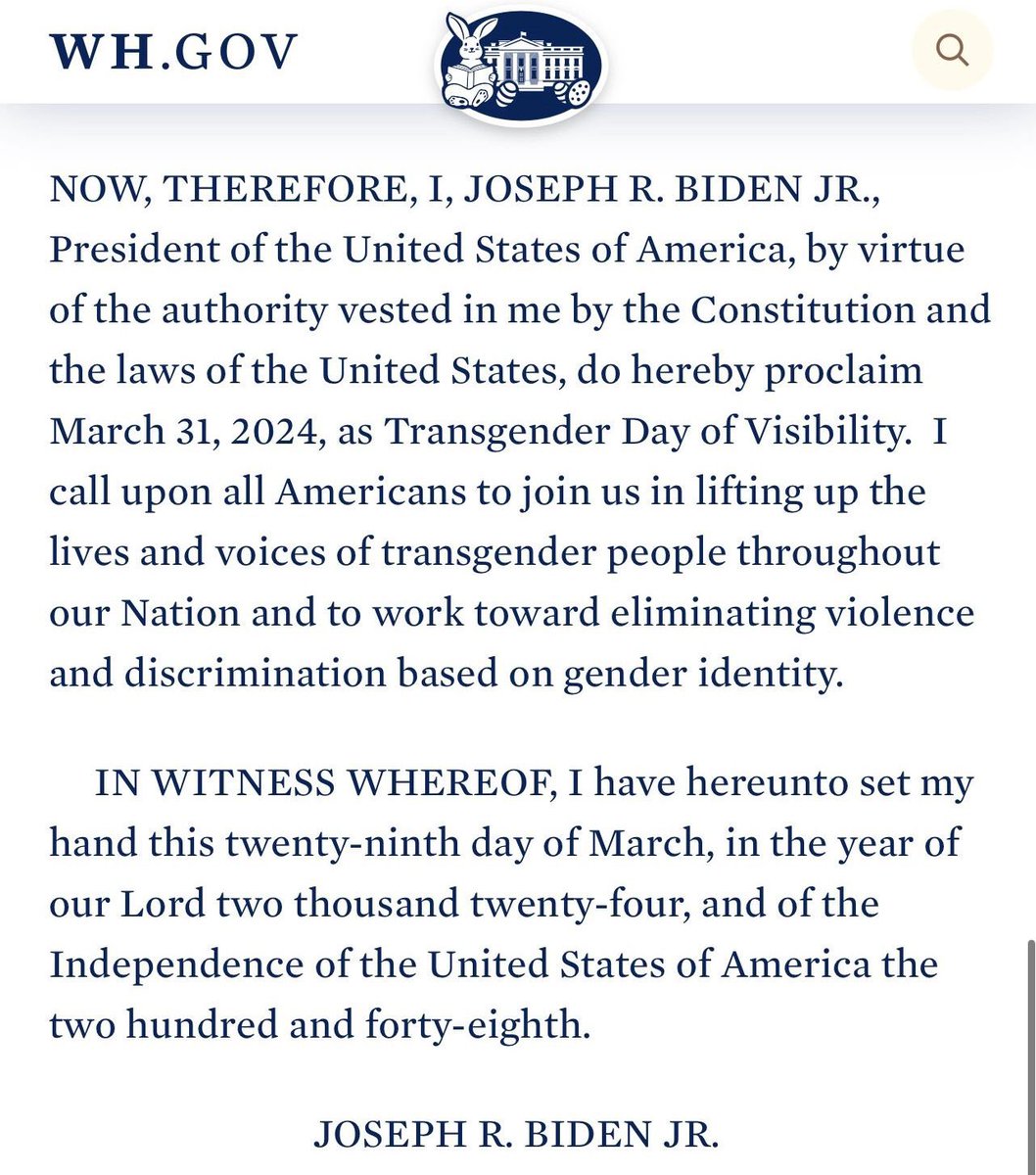 This is what Biden cares about and who he caters to. He is devaluing Easter and elevating trans recognition.

Downright shameful and despicable.