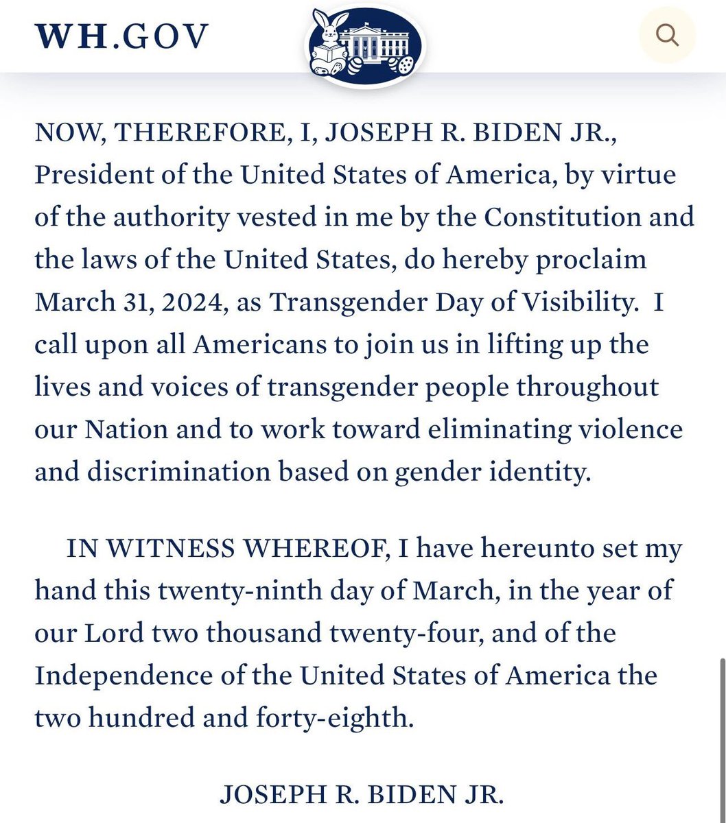 This is what Biden cares about and who he caters to. He is devaluing Easter and elevating trans recognition. Downright shameful and despicable.