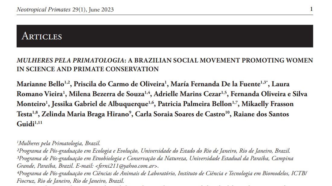 Happy to share that our brazilian feminist movement Mulheres Pela Primatologia ('Women for Primatology') just published an article! 🇧🇷🐵♀️ Link to PDF below
#openscience #conservation #womenscientists #WomenEmpowerment #Primatology #neotropicalprimates
➡️primate.socgen.ucla.edu/index.php/mult…