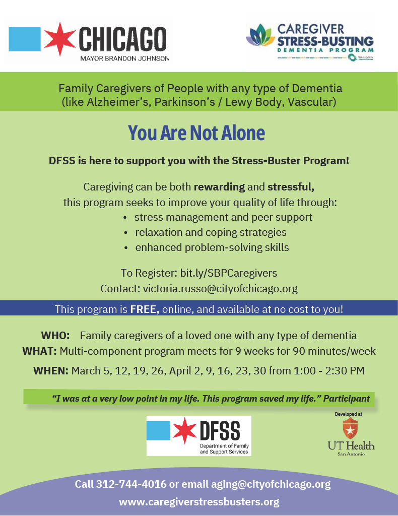Are you a family caregiver who may be feeling the stress of #caregiving duties but don't know who to turn to for help? DFSS' Stressbusters Program is a free, online program dedicated to providing you with stress management strategies. Register here: bit.ly/SBPCaregivers