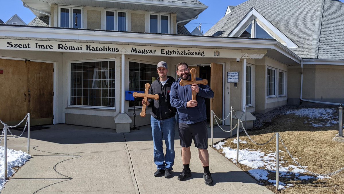 FrHysell's tweet photo. The first crosses are being installed on the doors of St Emeric Parish church, just in time for #Easter!
  The pommy cross is based upon the cross surmounting the Holy Crown of Hungary worn by the descendants of St Stephen, the Father of Christian #Hungary.
@archedmonton https://t.co/ImQK8Mpn5k