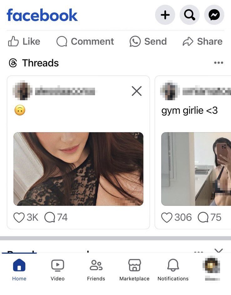 cb_doge's tweet photo. BREAKING: Meta users are reporting that they are seeing irrelevant posts from the Threadz app in their feed.

This is how Meta is drawing users to its brand new platform. Just another online modeling agency in the making. https://t.co/9aOC2dXBeI
