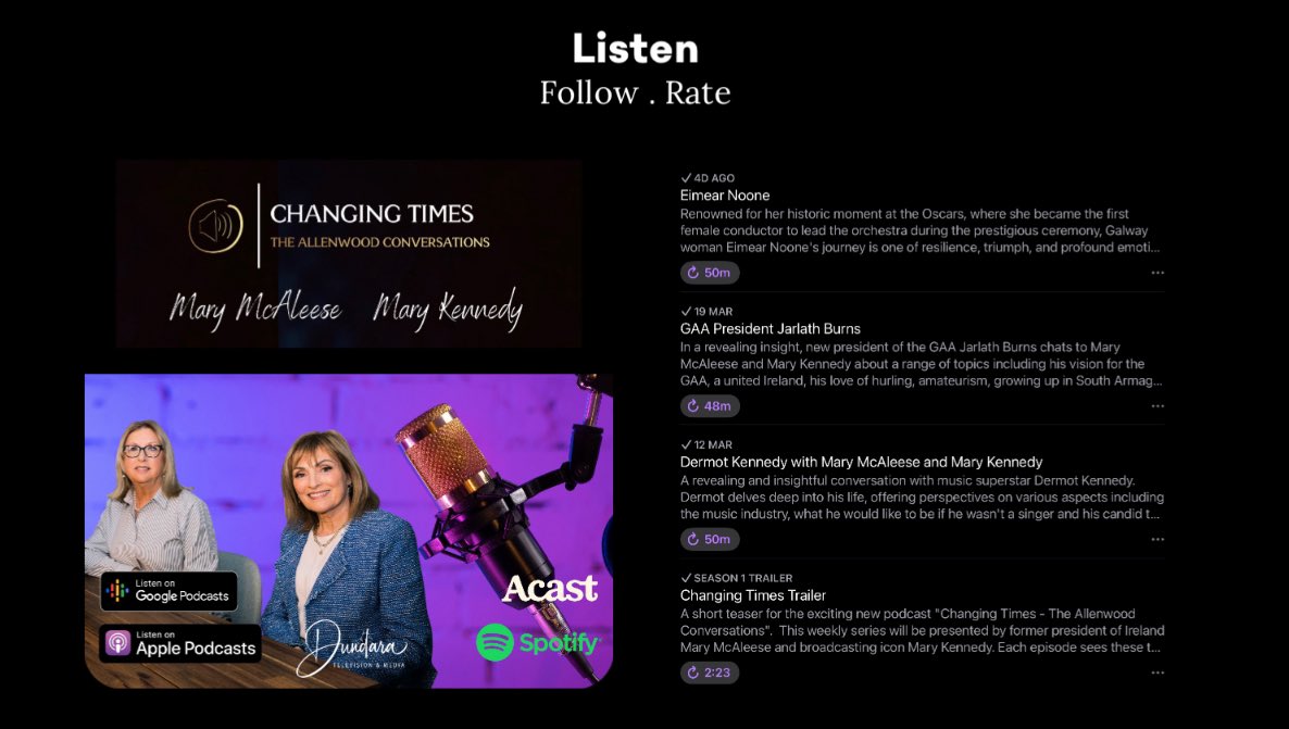 Superstar singer songwriter Dermot Kennedy. GAA President Jarlath Burns. Academy Awards orchestra conductor Eimear Noone. What do they all have in common? They’ve all had a conversation with Mary McAleese & Mary Kennedy. Listen now link.chtbl.com/hLQxqf6N Don’t forget to follow!