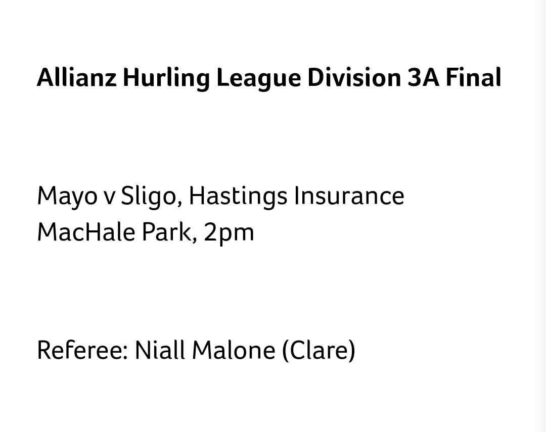 Best wishes to our own Niall Malone who refs the Allianz Hurling League Division 3A Final between Mayo v Sligo on Sunday. Eagle eyed  umpires Phil Walsh, Daragh O'Rourke, Rory hickey and Padraig Kelly will assist Niall on the day 👏 #ahref #maninthemiddle