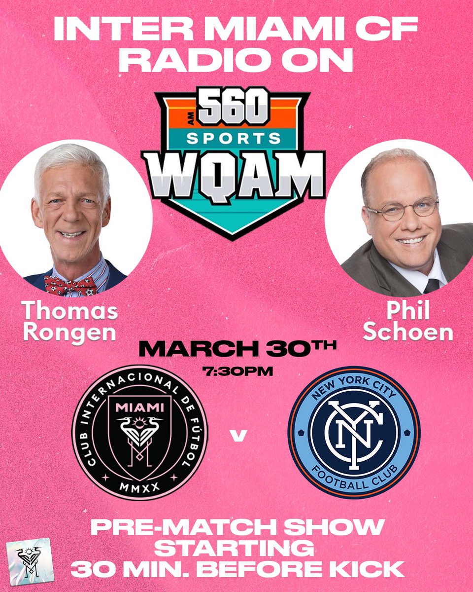 Back to the fortress of Chase Stadium as @InterMiamiCF battles @newyorkcityfc. Pregame at 7pm ET. New faces, new places. Join coach @TRongen & me on @560WQAM for all the thrills. Also on @SiriusXMFC & home audio on @AppleTV #MLSSeasonPass @tudorwatch #CountdownToKickoff 730pm ET