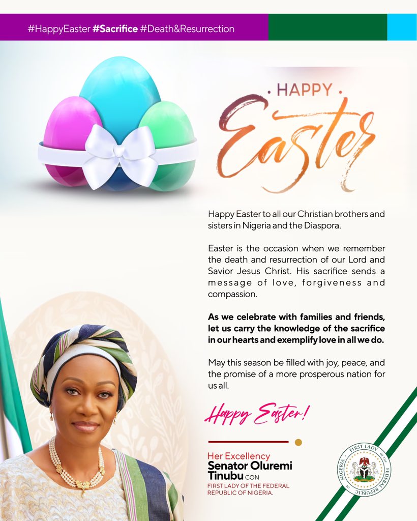 Happy Easter to all our Christian brothers and sisters in Nigeria and the Diaspora. Easter is the occasion when we remember the death and resurrection of our Lord and Savior Jesus Christ. His sacrifice sends a message of love, forgiveness and compassion. As we celebrate with…