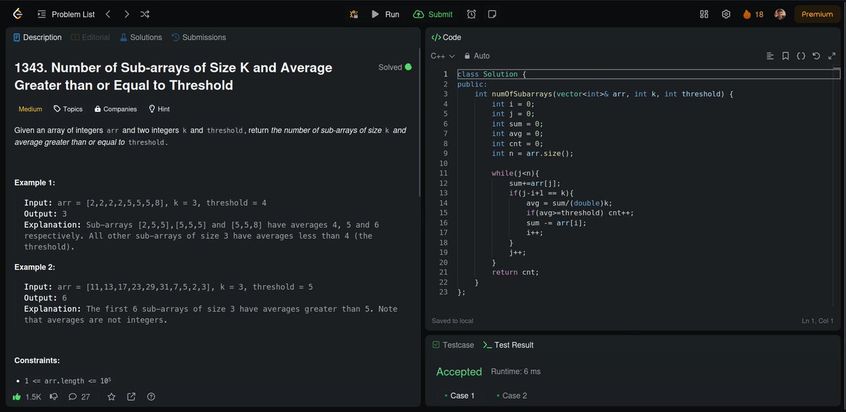 sandeepxdev's tweet image. Day 29: #100DaysOfCode
Today's DSA Problems:
1. Subarrays with K Different Integers:
2. Number of Sub-arrays of Size K and Avg >= Threshold:
3. Maximum Average Subarray I:
4. Sliding Subarray Beauty:
#ProblemSolving #Subarrays #SlidingWindow #leetcode #streak #jobHunt