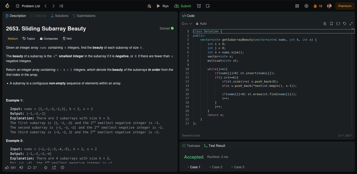 sandeepxdev's tweet image. Day 29: #100DaysOfCode
Today's DSA Problems:
1. Subarrays with K Different Integers:
2. Number of Sub-arrays of Size K and Avg >= Threshold:
3. Maximum Average Subarray I:
4. Sliding Subarray Beauty:
#ProblemSolving #Subarrays #SlidingWindow #leetcode #streak #jobHunt