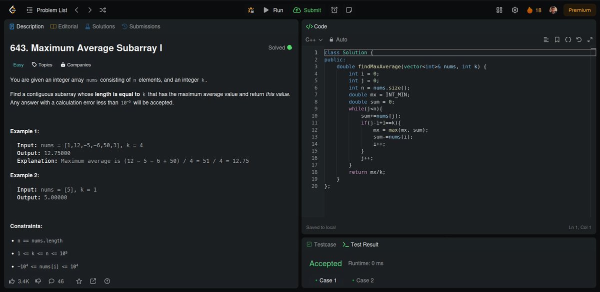 sandeepxdev's tweet image. Day 29: #100DaysOfCode
Today's DSA Problems:
1. Subarrays with K Different Integers:
2. Number of Sub-arrays of Size K and Avg >= Threshold:
3. Maximum Average Subarray I:
4. Sliding Subarray Beauty:
#ProblemSolving #Subarrays #SlidingWindow #leetcode #streak #jobHunt