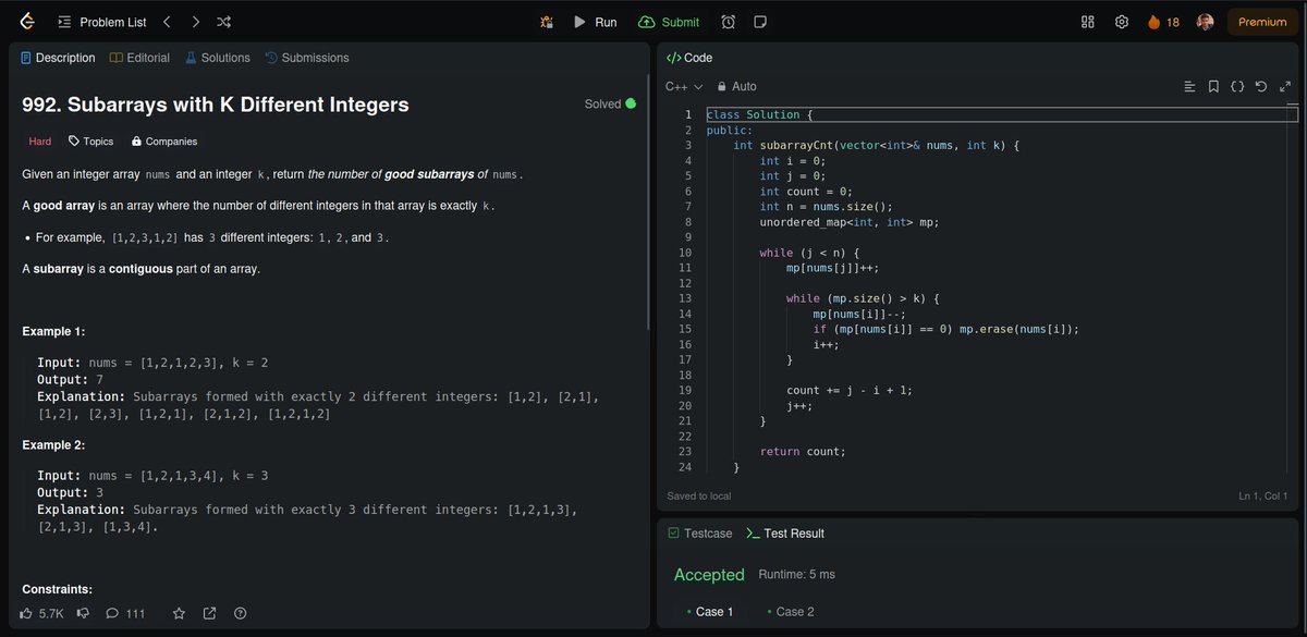 sandeepxdev's tweet image. Day 29: #100DaysOfCode
Today's DSA Problems:
1. Subarrays with K Different Integers:
2. Number of Sub-arrays of Size K and Avg >= Threshold:
3. Maximum Average Subarray I:
4. Sliding Subarray Beauty:
#ProblemSolving #Subarrays #SlidingWindow #leetcode #streak #jobHunt