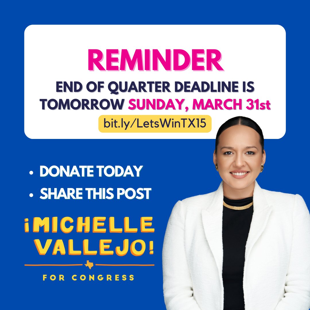 The clock is ticking! ⏳️ Our end-of-quarter deadline is fast approaching, and I need your help to close out this quarter STRONGER THAN EVER. Chip in today and join #TeamVallejo in our fight for a better, stronger South Texas. #TX15 Bit.ly/LetsWinTX15