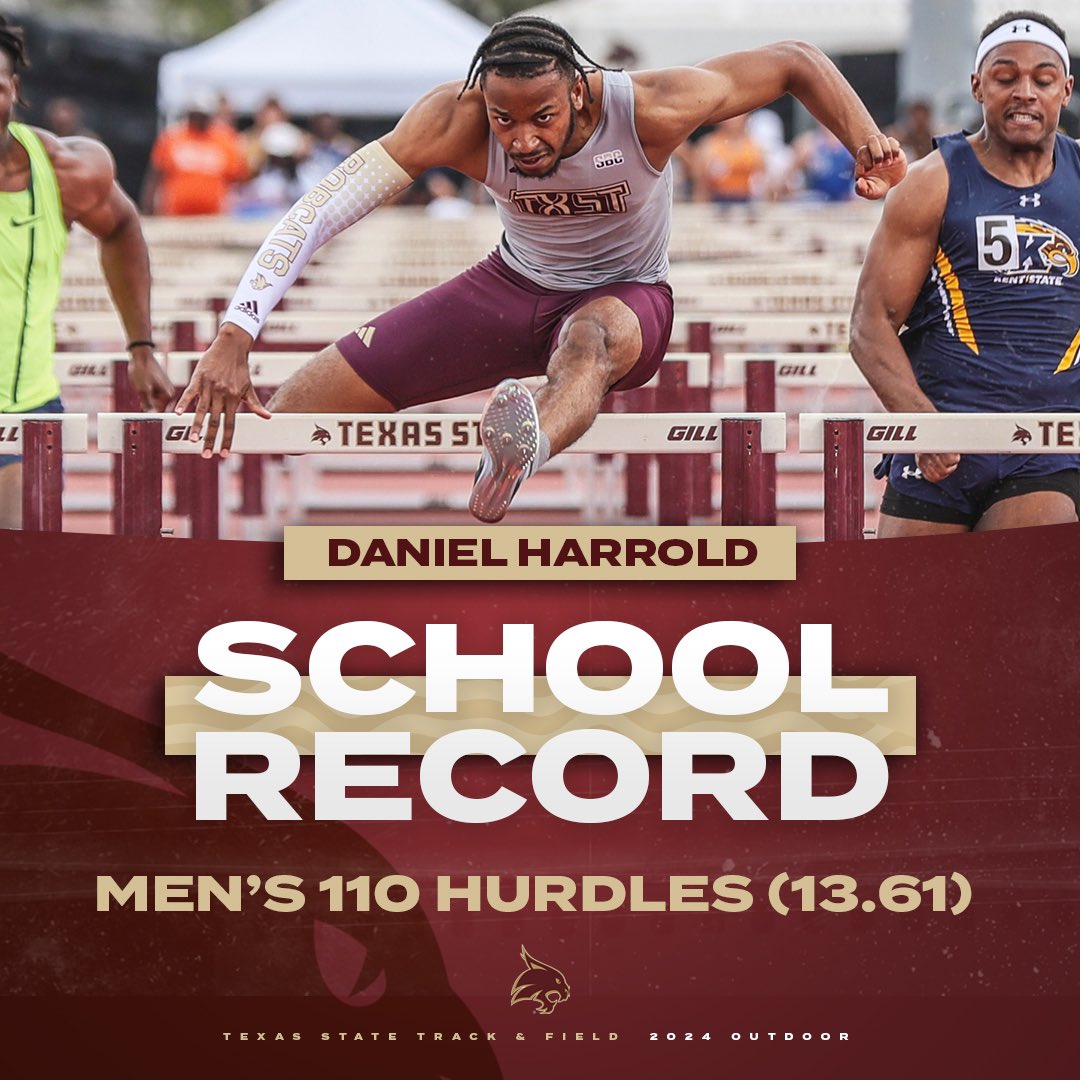There goes that man! Daniel Harrold breaks his own school record in the men’s 110M Hurdles. #EatEmUp