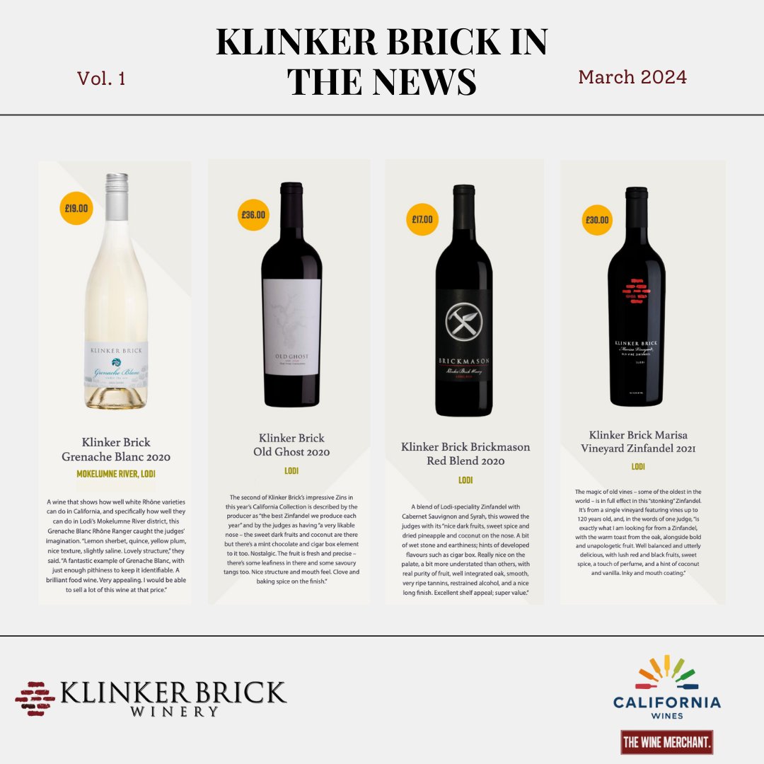 In The News: Several Klinker Brick wines were featured in the March 2024 issue of The Wine Merchant: California Collection - Click the link in our bio for the full scoop 🗞️ #californiawine #drinklodiwine #lodiwine