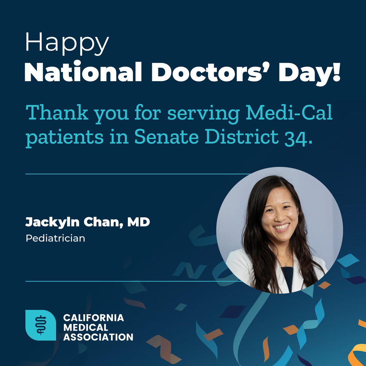 SenatorUmberg's tweet image. Today, on #DoctorsDay, we&apos;re sending a thank you to Dr. Jacklyn Chan, a Pediatrician from Orange County, for providing essential health care services to Medi-Cal patients in our community. 

#MediCalDocs #CMADocs #ThanksDoc @CMADocs