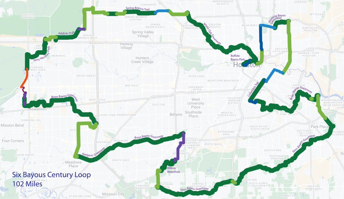 As Houstonians, we don’t always tell our story well or celebrate how much progress we have made as a more livable city. Here’s one example we should celebrate where we have made huge progress over the past decade. Let’s call it the Six Bayous Century Loop. (1)