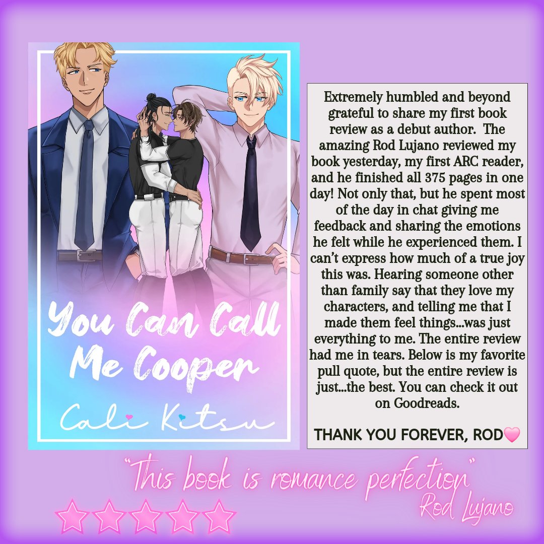 My debut novel got it's first review! 🩷🥹😭🥳

You Can Call Me Cooper releases on 5/10/24🏳️‍🌈

goodreads.com/book/show/2067…

@DeepHeartsYA 

#mmromcom #yalit #preorder #lgbtqbooks #mmromance #debutauthor #debutnovel #newadultbooks #bl #love #romancebooks #bookreview #youcancallmecooper